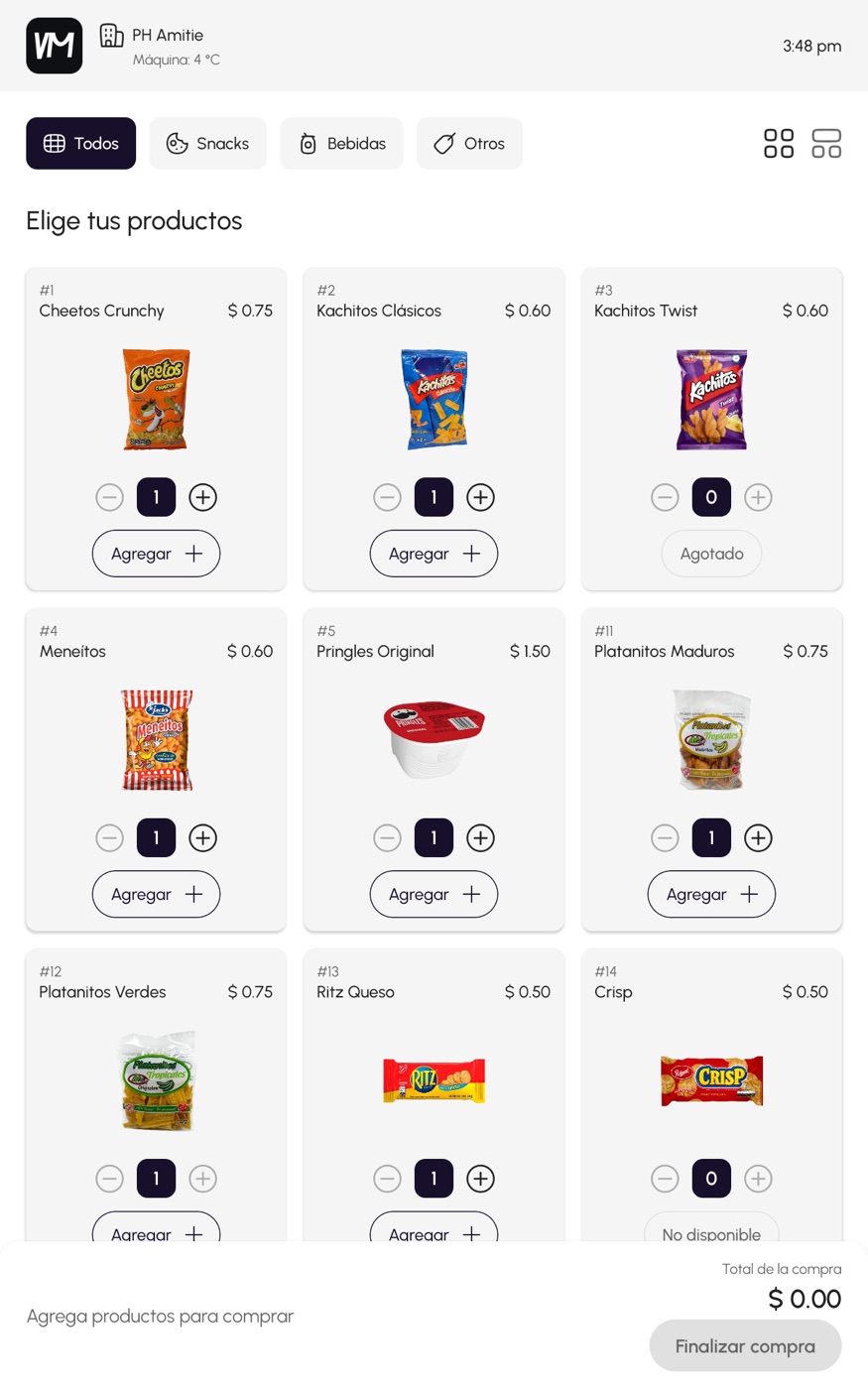 Pantalla de venta de MyVM con productos en cuadrícula, precios y botón Agregar