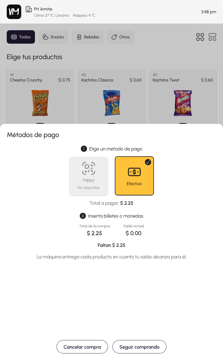 Pantalla de pago de MyVM: el cliente elige Yappy o efectivo y ve cuánto falta